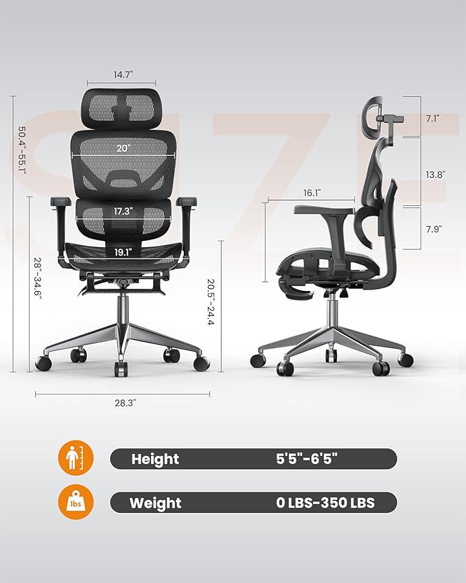 naspaluro Ergonomic Office Chair, High Back Mesh Desk Chair, 350lbs Capacity, Lumbar Support, 3D Armrest Headrest, Footrest, PU Wheels, Swivel Computer Chair for Home Office, Work & Gaming