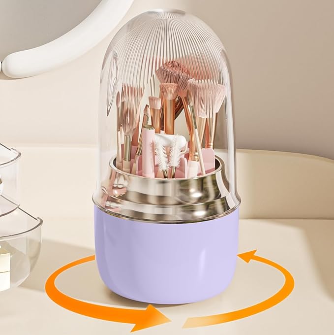 Makeup Brush Holder 360 Rotating, [Upgrade & with Cover] Makeup Brush Organizer for Vanity Countertop Bathroom (Purple)