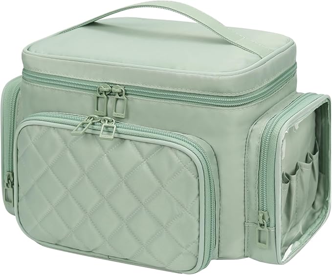 Large Makeup Bag, Portable Travel Makeup Bag Organizer for Women Girls with Makeup Brush Compartment & Two Side Pockets, Cosmetic Travel Bag Vertical Storage Toiletry - Green