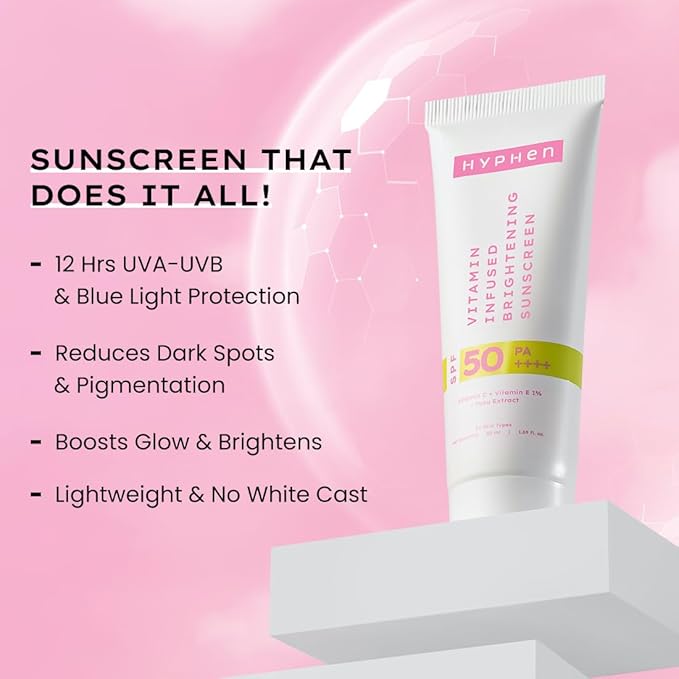 Hyphen Vitamin Infused Brightening Sunscreen With SPF 50 PA++++ | 12hrs UVA-UVB & Blue Light Protection |Brightens Skin, Gives Matte Finish & No White Cast | Lightweight | For All Skin Types - 50ml