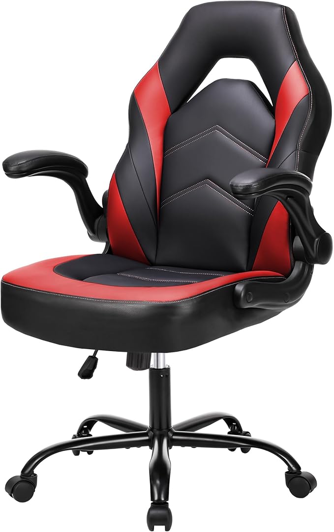 NEWBULIG Computer Gaming Desk Chair - Big Tall Ergonomic Lumbar Support with Flip-up Armrest and 360° Swivel Wheels, PU Leather Height Adjustable, for Home and Office, Red