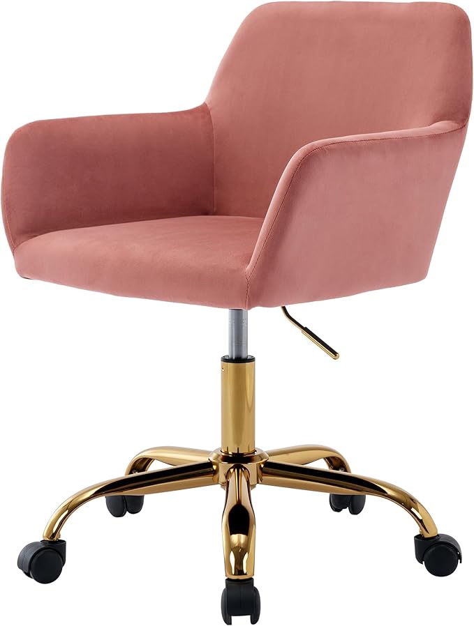 Faux Fur 360°Swivel Desk Chair, Modern Height Adjustable Home Office Armchair with Golden Base for Teens Women Girls, Upholstery Computer Chair for Home Studios, Velvet & Pink