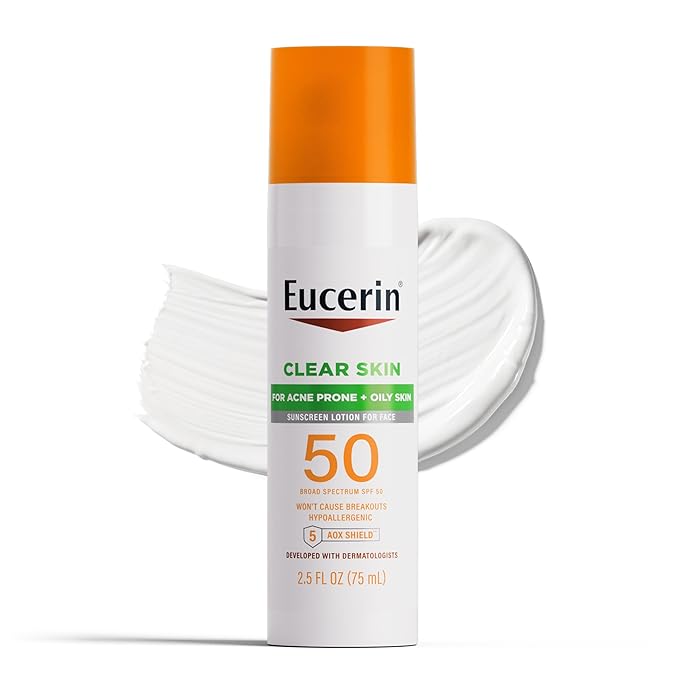 Eucerin Sun Clear Skin Face Sunscreen Lotion SPF 50 for Acne Prone and Oily Skin, Lightweight Sunscreen with Oil-Absorbing Minerals, Won't Cause Breakouts, Hypoallergenic, 2.5 Fl Oz Bottle