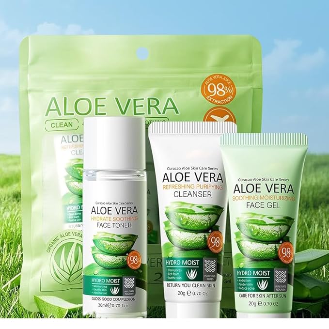 1 PC Travel Size Aloe Vera Facial Cleanser + Toner +Moisturizing Gel, Soothing Nourishing Calming Hydrating Refreshing Aloe Vera Skin Care Set