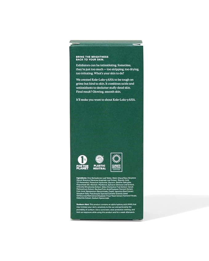 KraveBeauty Kale-Lalu-yAHA Exfoliating Toner, Smooths Texture, Evens Skin Tone, and Unclogs Pores, Gentle AHA Liquid Exfoliant with Glycolic Acid & Kale Extract, Fragrance Free, 200 mL