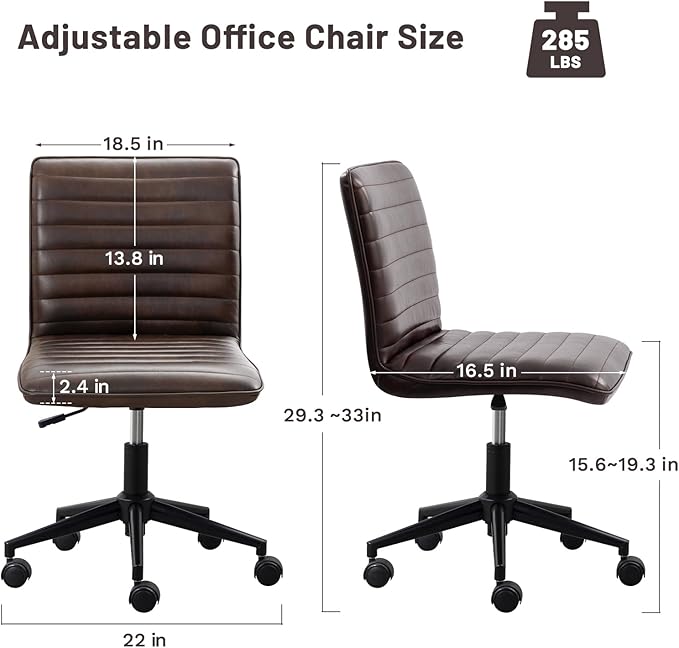 Furniliving PU Leather Office Desk Chair, Armless Vanity Chair with Wheels 360° Swivel Mid Back Height Adjustable, Computer Rolling Chairs with Gold Metal Base Stool, Black Brown