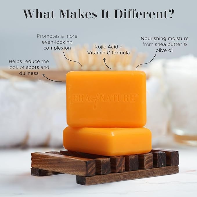 era of nature Turmeric Kojic Acid Soap for Dark Spots – Gentle Brightening Bar for Face, Underarms, Inner Thighs & Bikini Area – Vitamin C + Shea Butter – Moisturizing Soap, 4 x 100g