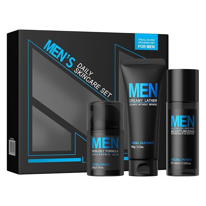 Mens Skin Care Kit, 3-Piece Men's Daily Essential Skincare Set with Cleanser, Toner & Moisturizer, Lightweight Hydrating & Firming Routine for Sensitive Dry Skin, Gift Set for Men & Teenagers
