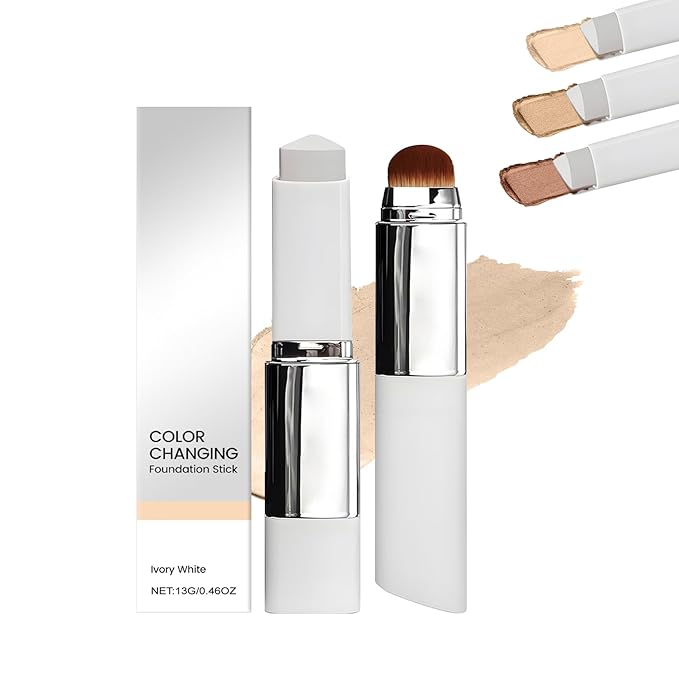 Color Changing Foundation Stick- Korean Color-Changing Foundation Stick with Volufiline - Medium to Full Coverage Dewy Finish Base Makeup - Dual-Ended with soft brush - Ivory White