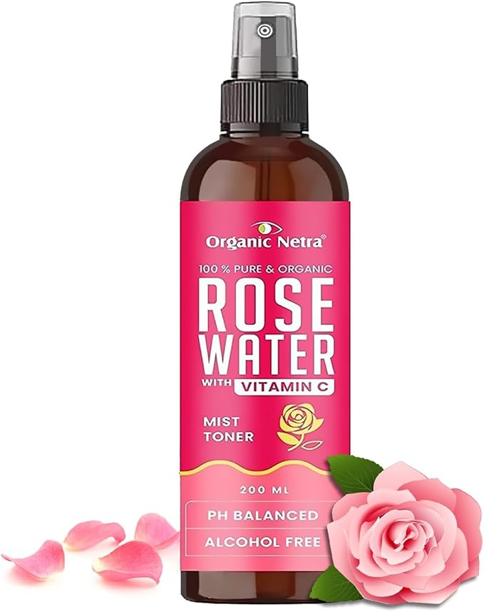 Organic Netra Rose Water with Vitamin C | Exfoliates The Skin and Controls Oil | Excellent for Clearing Away Makeup & Dirt from Pores| Mist Spray for All Skin Type | Paraben and Alcohol Free -200ml