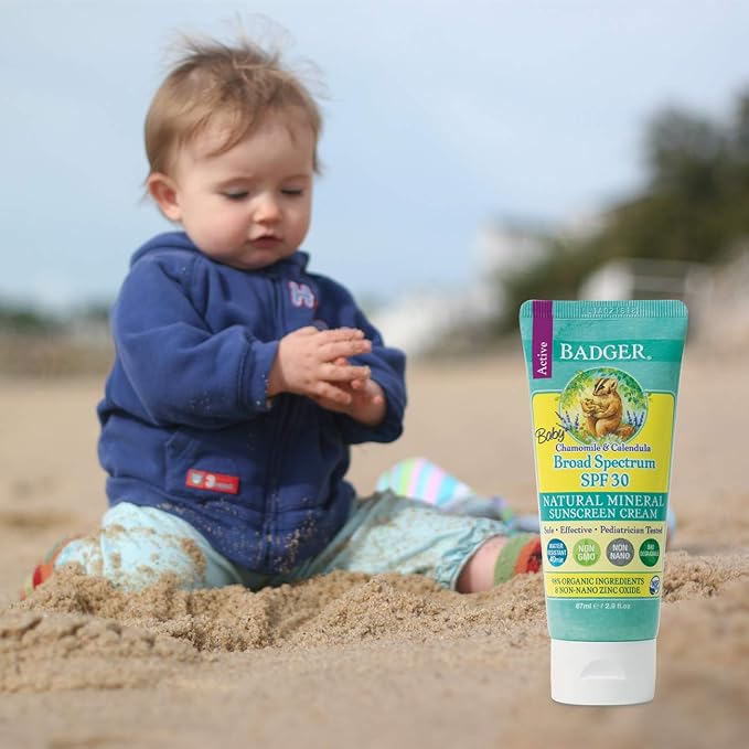 Badger - SPF 30 Baby SunscreenCream with Zinc Oxide - Broad Spectrum & Water Resistant, Reef Safe Sunscreen, Natural Mineral Sunscreen with Organic Ingredients 2.9 fl oz