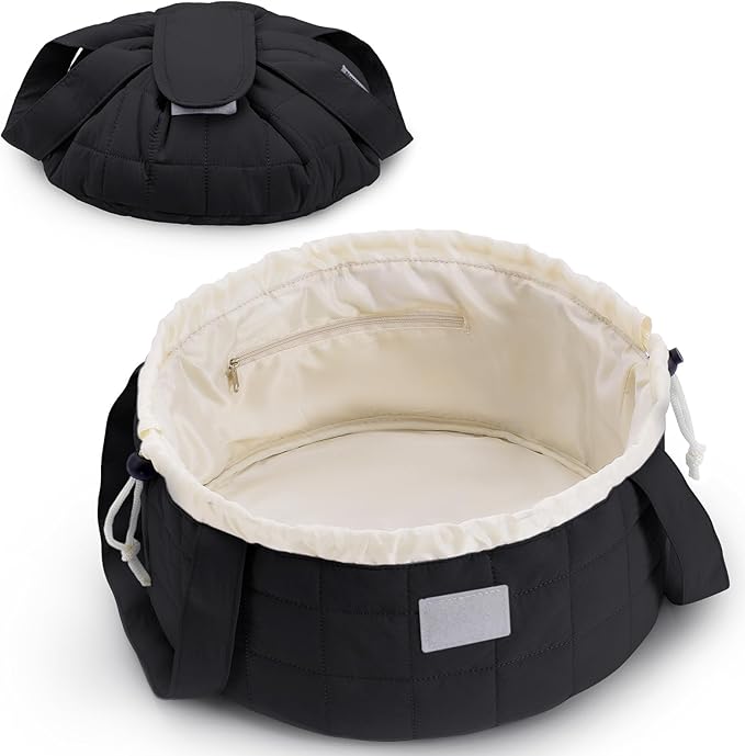 Narwey Quilted Drawstring Makeup Bag, Large Cosmetic Bag Make up Bags Toiletry Bag Travel Bags for Toiletries Organizer for Women Gift for Teen Girls (Black) (Patent)