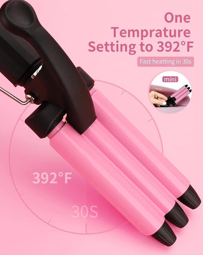 Mini 3 Barrel Curling Iron, Dual Voltage Triple Barrel Hair Waver for Home and Travel, Ceramic Tourmaline 1/2 Inch, Pink