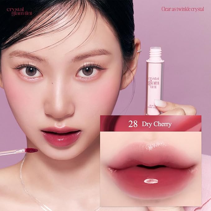 CLIO Crystal Glam Tint, Glossy Lip Tint with Glass-Like Shine, Lightweight Buildable Lip Stain, Long-Lasting Color, Non-Sticky, Rose Extract, Korean Lip Tint (28 DRY CHERRY)