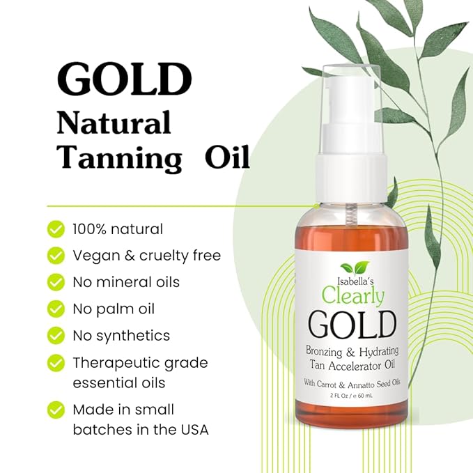 Isabella's Clearly GOLD, Natural Indoor and Outdoor Tanning Oil with Bronzer | Moisturizing Sun Tan Accelerator for a Healthy Bronze Glow with Carrot Seed Oil | Made in USA