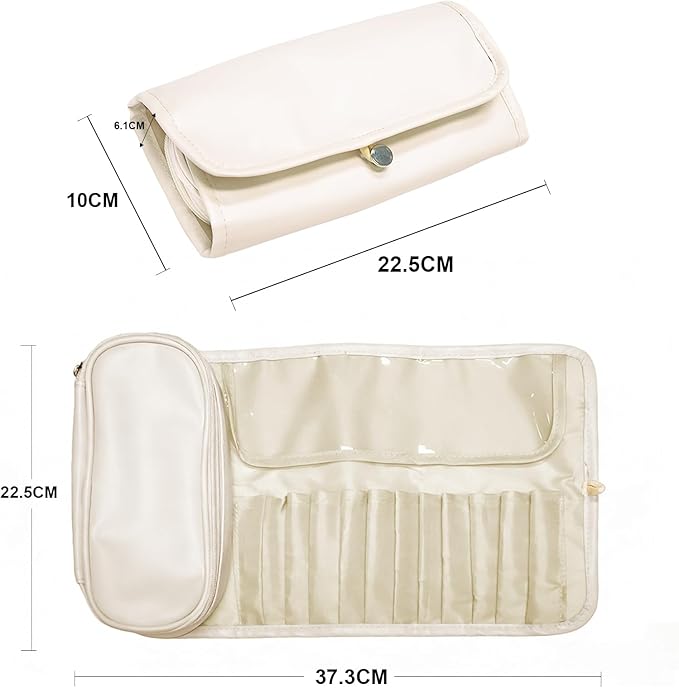Portable Folding Makeup Brush Bag,Travel Toiletry Bag with Dividers & Independent Partition for Brushes & Skincare, Toothbrush Holder,Rollup & Open Flat cosmetic Organizer,Waterproof &Hanging (white)