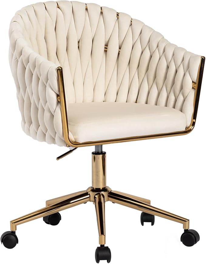 Velvet Office Chair with Hand Woven, Beige Vanity Desk Chairs with Golden Wheels, 360° Swivel Home Office Desk Chair Computer Chairs, Accent Chair Makeup Chair for Bedroom, Living Room(Beige)