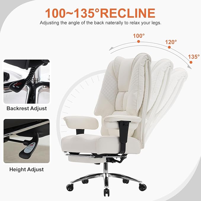 Big and Tall Office Chair 400lbs Wide Seat, Leather High Back Executive Office Chairs with Foot Rest, Ergonomic Lumbar Support for Lower Back Pain Relief (White)