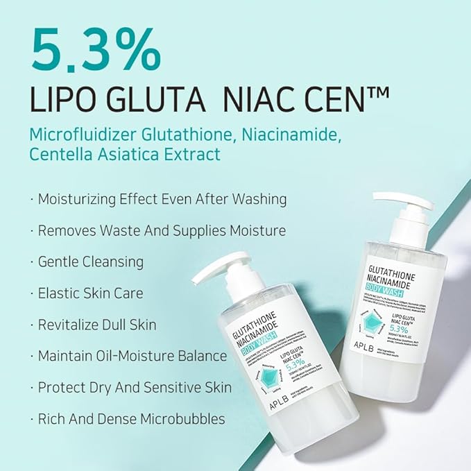 APLB Glutathione Niacinamide Body Wash | LIPO GLUTA NIAC CEN™ 5.3% 10.14 FL.OZ/Korean Skincare, Gentle Ingredients for the Safety of Your Skin, Long Lasting deep Moisture for Soft Skin