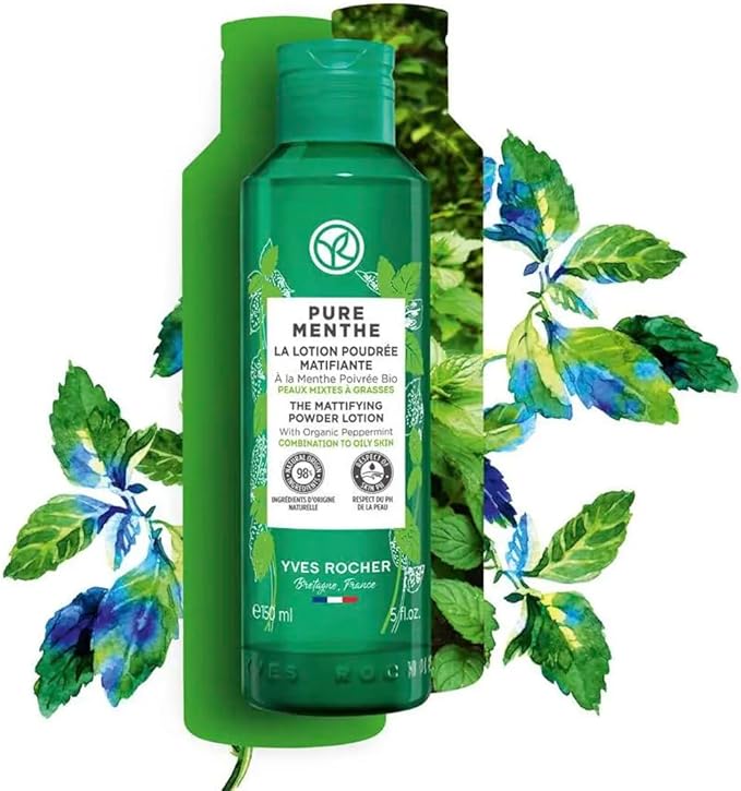 Yves Rocher Pure Menthe Matte Mint Lotion-Powder Oil-Control Toner with Botanical Mint Extract Women Men – 150ml / 5.07 flOz