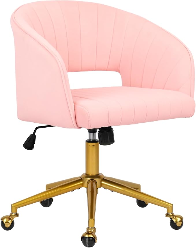 Home Office Chair Swivel Velvet Desk Chair Accent Armchair Upholstered Modern Tufted Chairs with Gold Base for Girls Women Ergonomic Study Seat Computer Task Stools for Living Room(Pink)