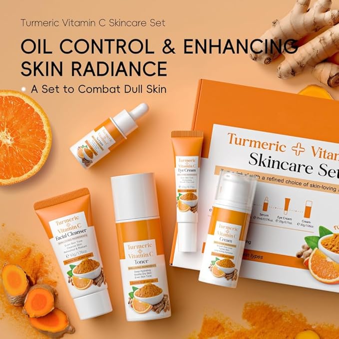 Turmeric Vitamin C Skincare Set for Women, 5 Pieces Face Care Kit - Cleanser Toner Essence Eye Cream Face Moisturizer for Glowing, Brightening Skin, Travel Skin Care Gift Sets for Women
