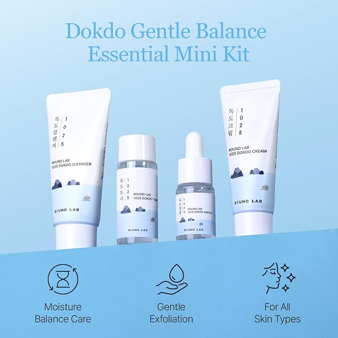 ROUND LAB 1025 Dokdo Hydrating Mini Size Kit (Cleanser, Toner, Ampule, Cream), Deep Hydration for Dry Skin, Daily Skin Care Routine Trial Kit for Moisture Care, Travel Size Gift Set, Korean Skin Care