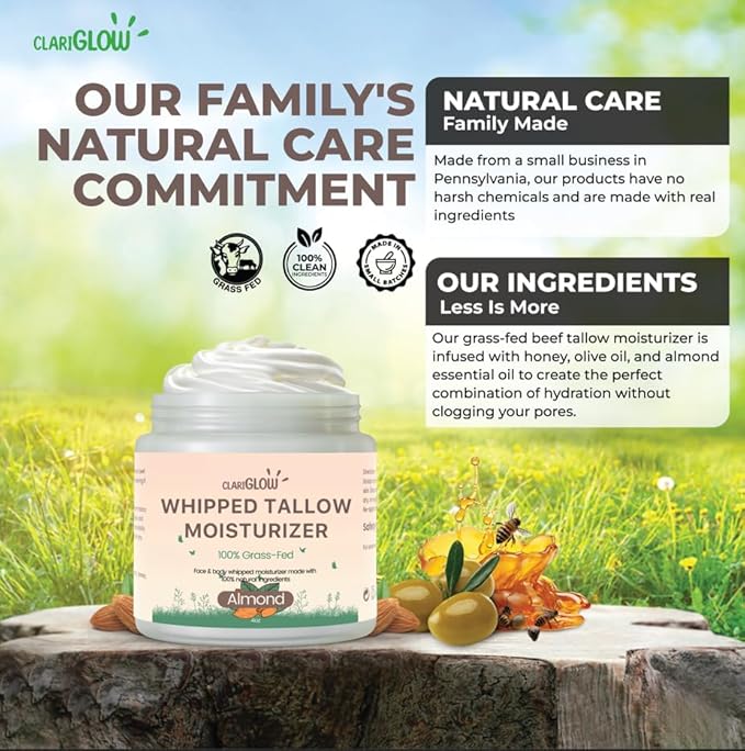 Whipped Beef Tallow Face Moisturizer | 100% Grass Fed Beef Tallow Skin Face Balm Cream | Lotion Balm Body Moisturizer with Honey & Almond | 4 oz | Natural Skin Care