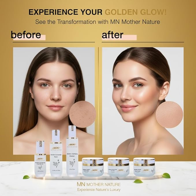 MN Mother Nature Golden 5-Piece Skincare Set – Clarifying Cleanser, Lavender Toner, Serum, Fuller's Earth Mask & Aroma Cream – Botanical Extracts for Smooth, and Glowing Skin – Daily Hydration Routine