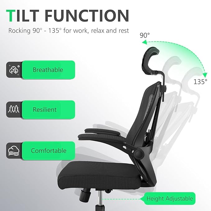 300 LBS Ergonomic Office Computer Mesh Chair - Adjustable Height Rolling Desk Chair with Flip-Up Armrests & High Back Support - Comfortable Swivel Task Chair for Home Office