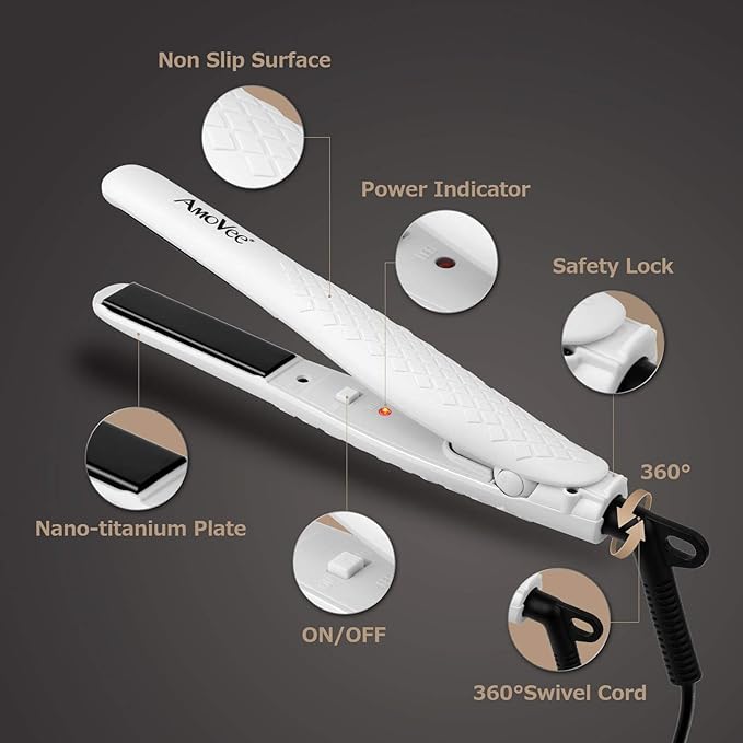 AmoVee Mini Flat Iron, 0.7 Inch Mini Hair Straightener, Small Flat Iron for Short Hair,Curls Bangs, Dual Voltage Travel Hair Straightener（White）