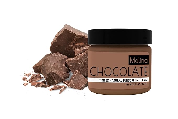 Malina™ Organic Chocolate Tinted Natural Sunscreen | SPF 30+ | Nontoxic | Reef-Safe | No Preservatives | No Synthetic Fragrance | 3 Shades | With Non-Nano Zinc-Oxide (0.5 Fl Oz, Dark)