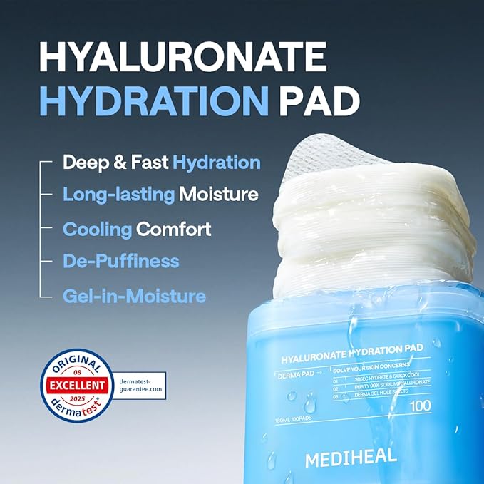 Mediheal Hyaluronate Pad & Serum Skin Care Duo for Deep Moisturization - Hyaluronate Hydration Toner Pads (100 Count) + Hyaluronate Hydrate Dewy Serum (1.35 fl.oz)