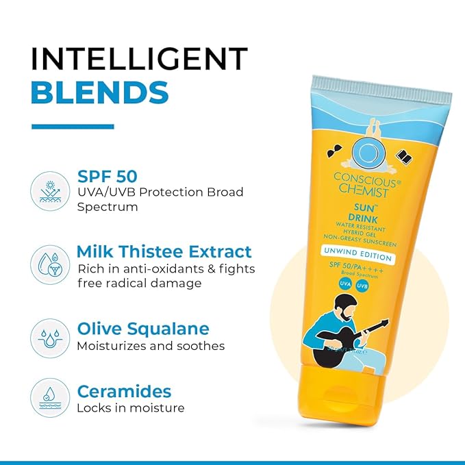 Conscious Chemist® Sun Drink Hybrid SPF 50 PA++++ Sunscreen Unwind Edition | Water Resistant , Ceramides & Milk Thistle Extract | UVA/UVB Protection | All Skin Type | No White Cast | Cruelty Free | 50g