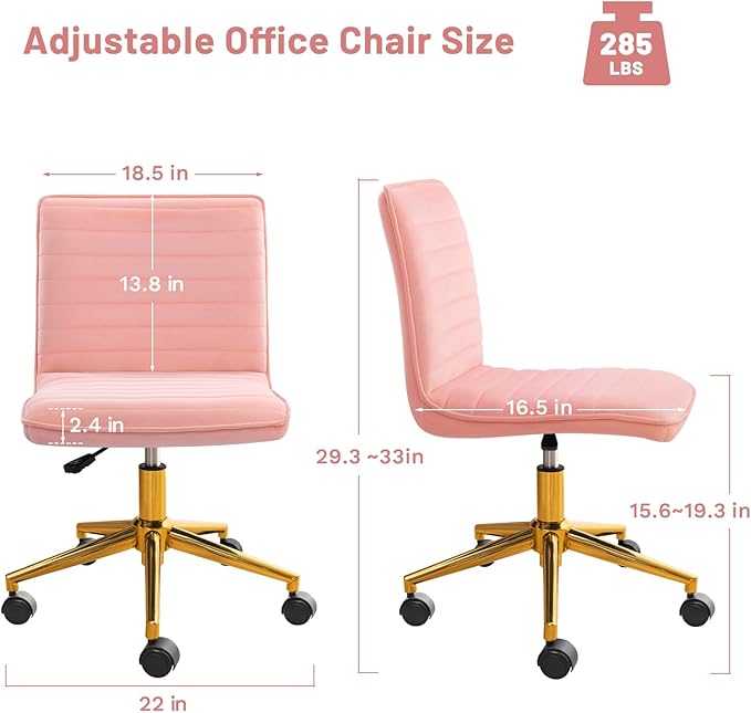 Furniliving Armless Vanity Chair with Wheels, Computer Rolling Desk Chair with Back, Pink Office Chair with Height Adjustable Soft Velvet Fabic Gold Metal Base Stool,Pink