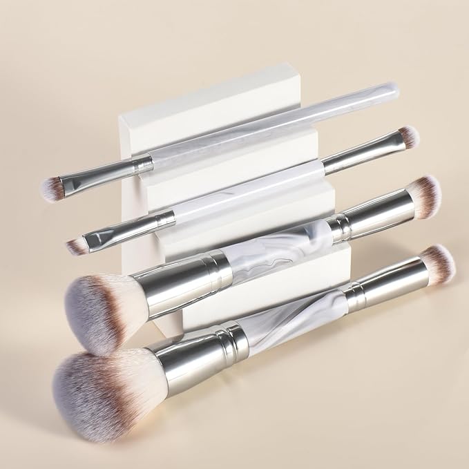 4PCS Gray Dual-Ended Makeup Brushes Set, Professional Powder Blush Concealer Eyeshadow Kabuki Foundation Brush Kit, with Travel Pouch, Soft Vegan Synthetic Bristles