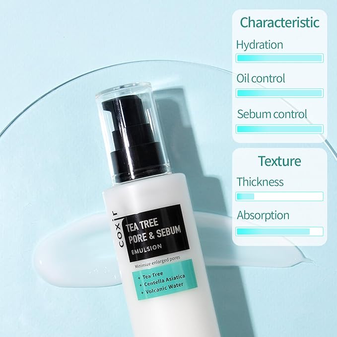 coxir Tea Tree Pore & SEBUM Emulsion for Oil Balance, Pore Minimizer, sebum Control Paraben Free, Cruelty Free, Korean Skin Care [100ml/3.38 fl.oz]