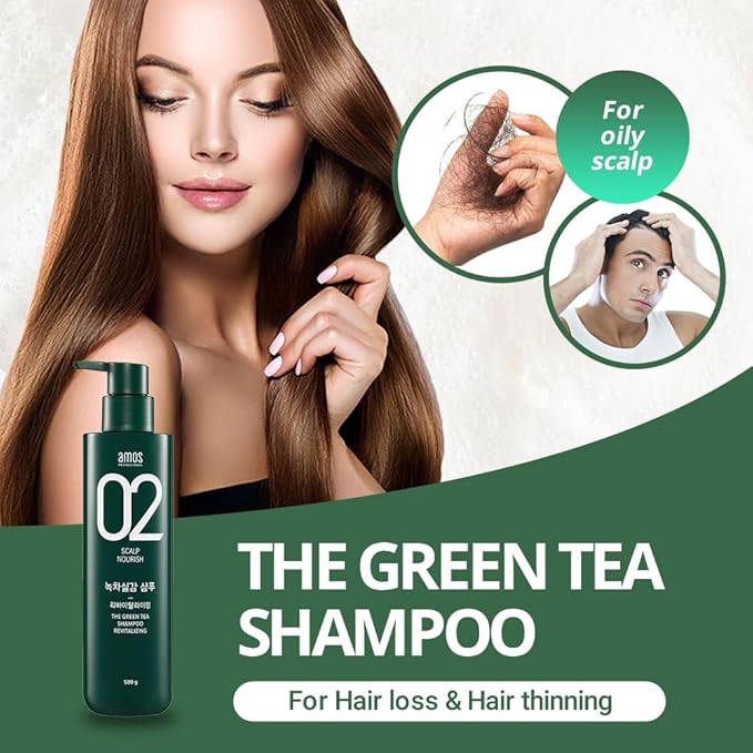 AMOS PROFESSIONAL The Green Tea Shampoo Refresh [For Oily Scalp] 17.6oz (500g) | Anti-Hair Loss Korean Hair Growth Shampoo for Cleanse Excess Sebum