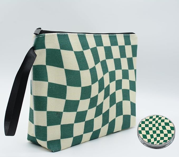 Personalized Green Checkered Makeup Bag set with Mirror for Women,Checkered travel Cosmetic bag kit with10 pieces pink brush set,Green Plaid bag Gifts for Mom Girls femal Friends