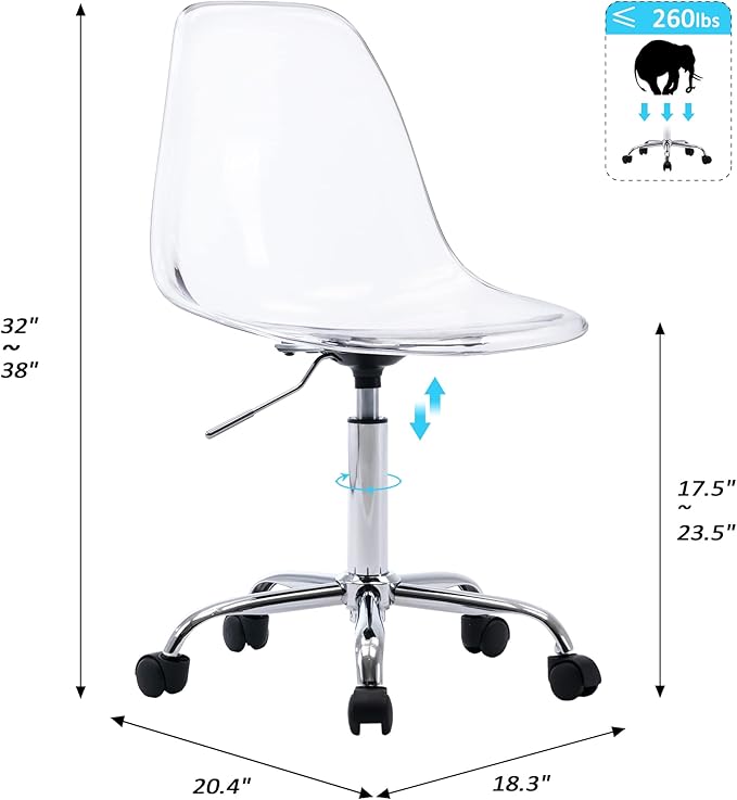 HOMEFUN Clear Desk Chair, Acrylic Rolling Armless Vanity Swivel Height Adjustable Ghost Molded Plastic Home Office Chairs with Wheels, Clear