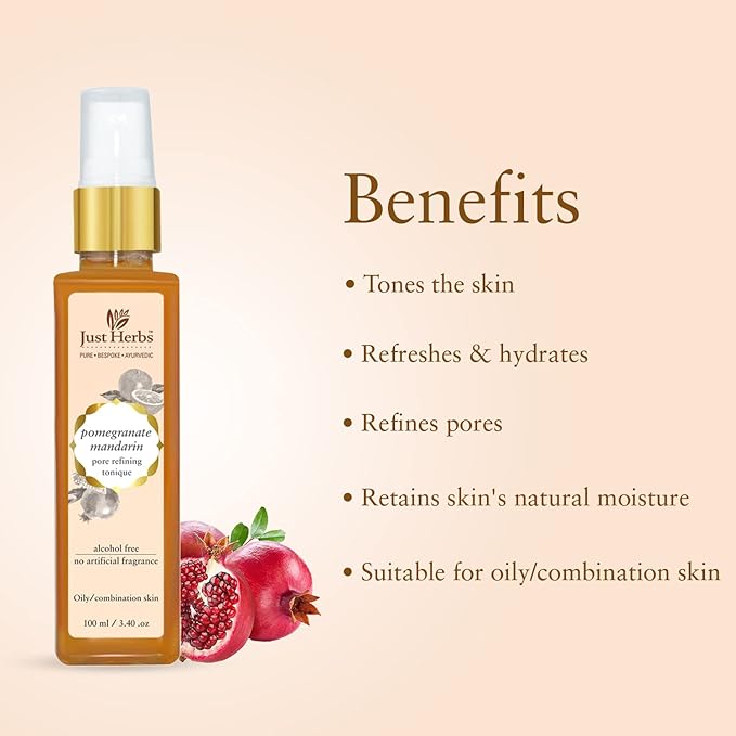 Just Herbs Organic Pomegranate Pore Refining Toner with Steam Distilled Tulsi & Orange for Oily/Combination Skin Types - No Artificial Fragnance 3.40 fl.oz.