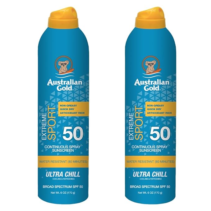 Australian Gold Extreme Sport Continuous Spray Sunscreen SPF 50, 6 Ounce - 2 Pack, Broad Spectrum, Sweat & Water Resistant, Non-Greasy, Vegan, PETA-Approved, Coastal Breeze Scent