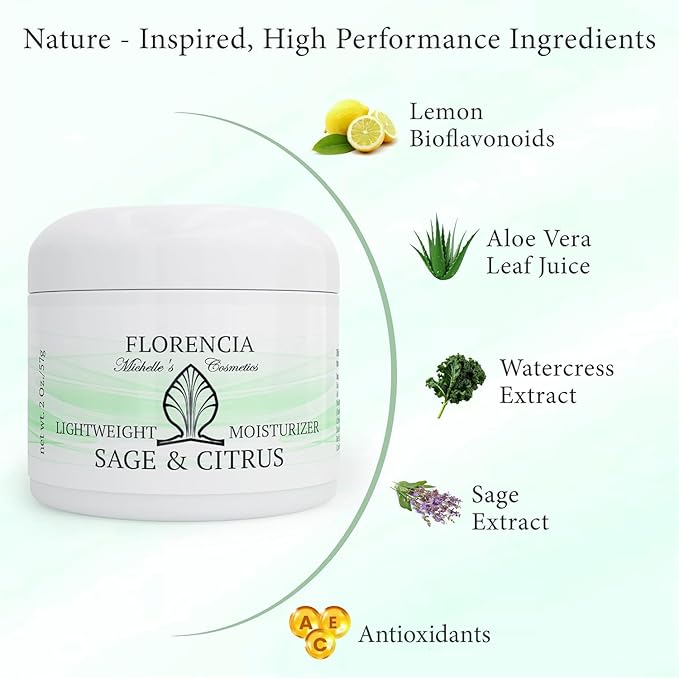 Florencia Sage & Citrus Lightweight Moisturizer - Fast-Absorbing, Hydrating, Nutrient Enhanced Face Cream for Sensitive, Oily, Combination Skin.