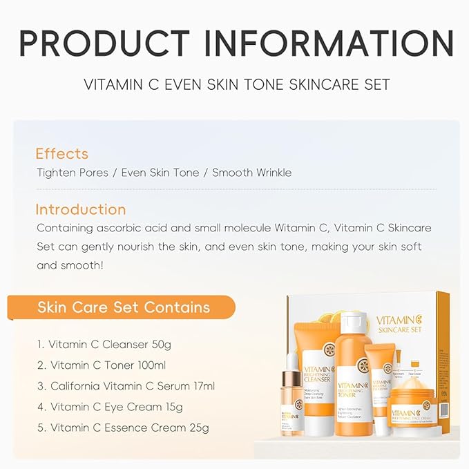 5 Piece Vitamin C Skincare Set, Moisturizing Face Skin Care Kit With Facial Cleanser, Face Serum, Face Cream, Eye Cream, Toner For Hydrating Skin, Anti-Aging Skincare Gift Set For Teenage Girls