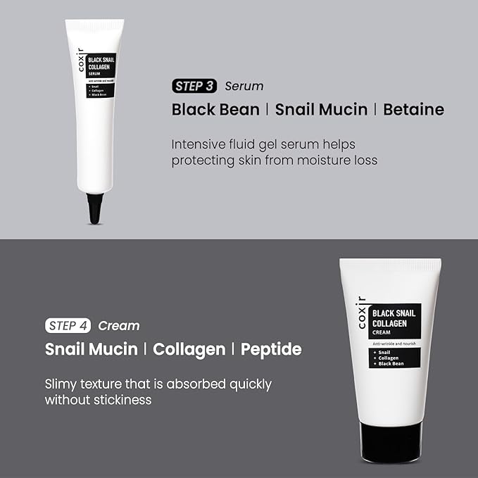 coxir Black Snail Collagen Starter Kit – Cleanser, Toner, Serum & Cream | Repairing Snail Mucin Skincare Set, Hydrating Korean Beauty Routine for Women (4-Piece)