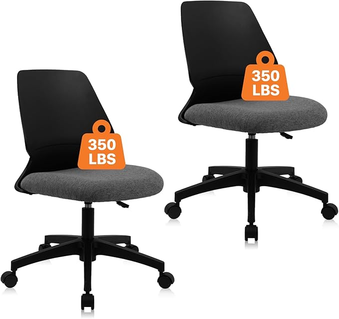 CLATINA Armless Home Office Chair, Ergonomic Small Desk Chair with Wheels and Soft Thick Upholstered Cushion, Comfy Adjustable Height Swivel Computer Task Chair for Conference Waiting, Black, 2Pack