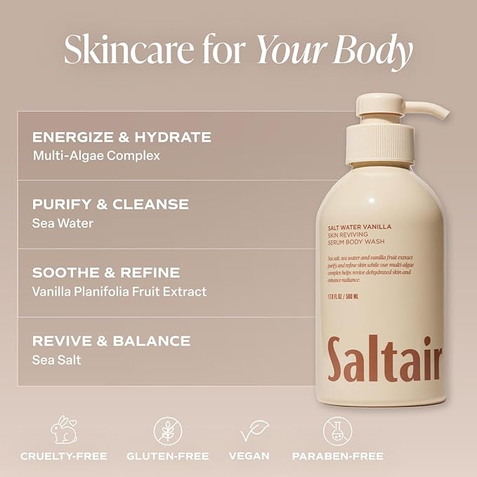 Saltair Body Wash 2-Pack – Salt Water Vanilla – Moisturizing Body Wash with Multi-Algae Complex – Scented Shower Gel for Women and Men – 2x 17oz – Vegan, Cruelty-Free, Paraben-Free