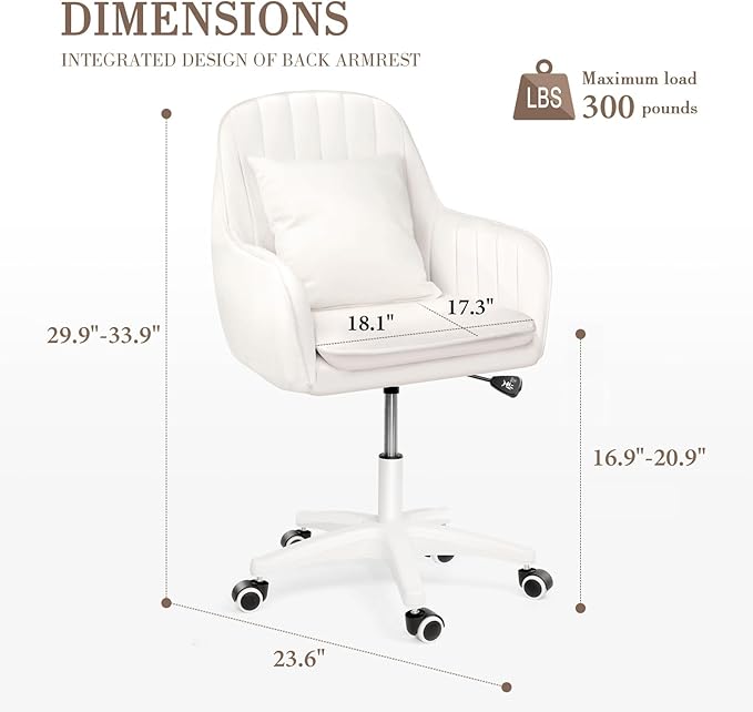 Mid Back Velvet Vanity Chair Swivel Rolling Desk Chair with Wheels, Modern Upholstered Makeup Chair for Women Girls, Computer Task Chair for Bedroom Living Room Office, White