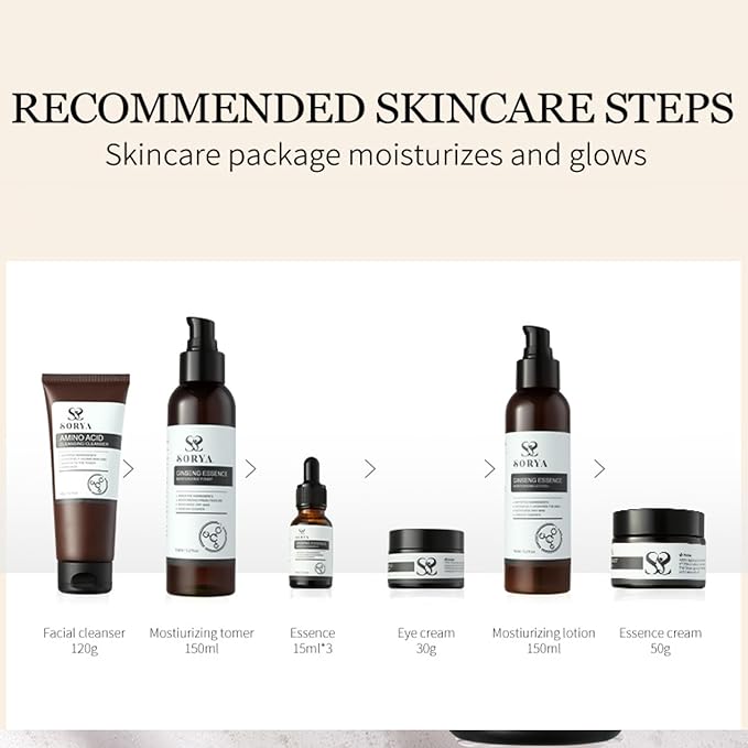 SORYA Korean Red Ginseng Skin Care Set (8-Piece) – Complete Daily Skincare Routine with Cleanser, Toner, Serum, Lotion & Moisturizer