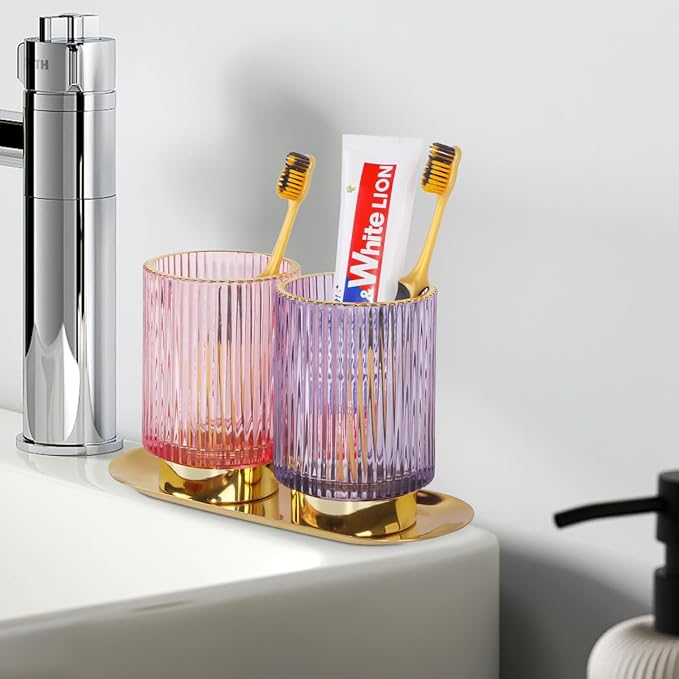 Purple Makeup Brush Holder, Glass Toothbrush Holders for Bathrooms, Gold Pen Holder for Desk, Vintage Make Up Brush Holder Vanity Organizer for Brushes, Lipstick, Eyebrow Pencil